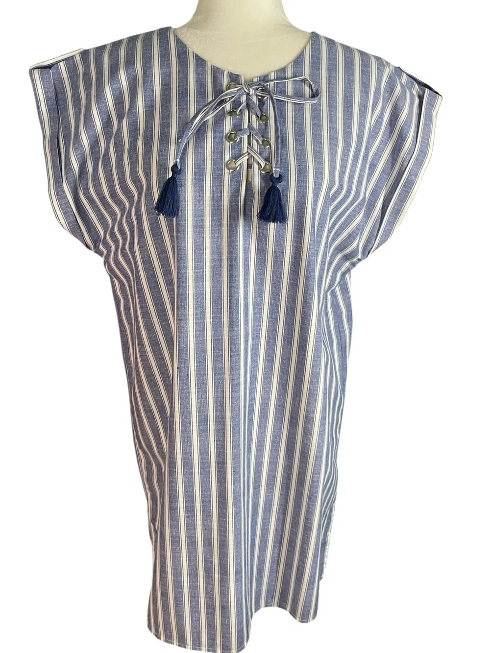 Love Tree Blue White Striped Lace-Up Tunic Dress Sz L Lightweight Cotton Blend